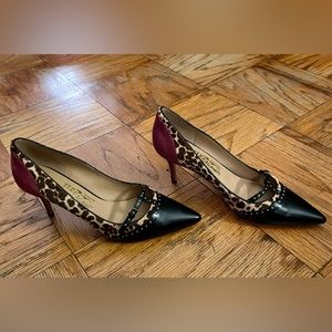 Salvatore Ferragamo Liena Leopard print grape suede calf hair pumps. Size 9.5.